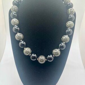 Vintage Japan black glass bead necklace crackle glass chunky mid century